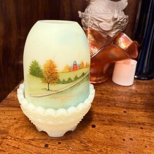 Fenton signed Scenic Landscape Frosted Glass Fairy Lamp uranium glass